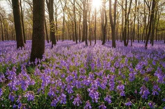Scenic morning sunlight illuminating a vibrant bluebell woodland in spring
