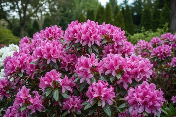 Obraz premium Stunning azalea blooms in a landscaped area. Rhododendron simsii species. Long-lasting and ornamental flowering bushes. Idea for gardening.