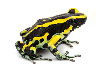 Obraz premium Captivating close-up of a vibrant yellow and black striped frog, showcasing its intricate patterns and remarkable amphibian nature against a clean white backdrop.