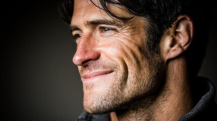 Fototapeta premium Close-up of a smiling adult man in soft studio light, showing rugged stubble, fine lines, and a confident profile against a dark background; ideal for ads about trust, wellness, or lifestyle.