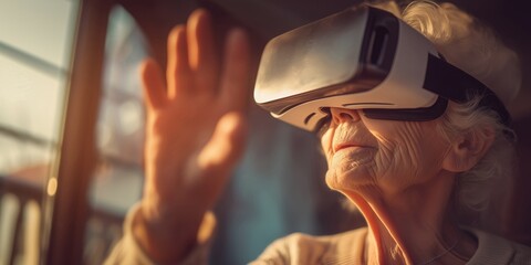Warm sunlight bathes a senior woman wearing a VR headset, hand raised in wonder. Cozy living room ambiance, uplifting mood, perfect for tech, healthcare, wellness, and lifestyle marketing.