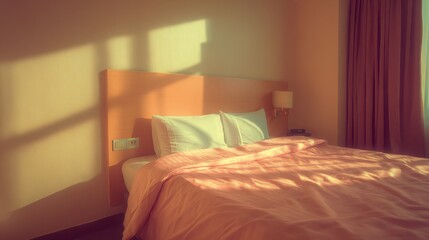 A serene hotel bedroom bathed in morning light, featuring a neatly made bed and minimalist decor.