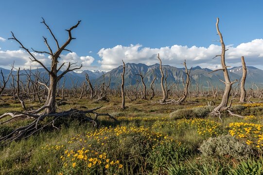 Leafless trees and lifeless woodland near a camping area with scenic mountain vistas
