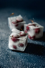 Cherries in ice cubes. . High quality photo