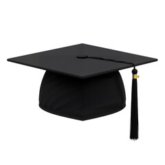 This high-resolution image presents a traditional black academic graduation cap&mdash;commonly known as a mortarboard&mdash;set against a clean white background. The cap features a flat, square board mounted on a