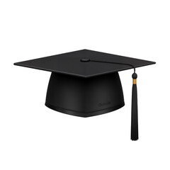 This high-resolution image presents a traditional black academic graduation cap&mdash;commonly known as a mortarboard&mdash;set against a clean white background. The cap features a flat, square board mounted on a