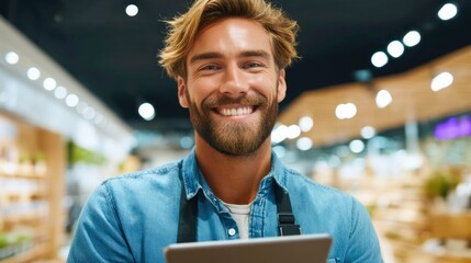 A cheerful barista smiles broadly while holding a tablet, showcasing a friendly and approachable demeanor.