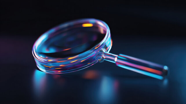 Floating glowing magnifying glass with holographic info - Powered by Adobe
