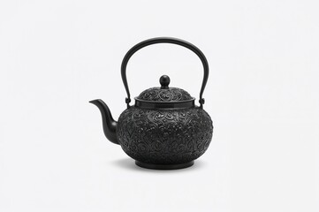 Dark metal teapot with classic eastern design on plain white backdrop