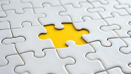 Obraz premium A single yellow puzzle piece missing from a white jigsaw puzzle