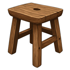 A rustic wooden stool with four sturdy legs and a round hole in the center of the seat, isolated on a transparent background, perfect for farmhouse or country decor