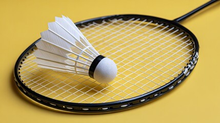 Badminton racket and shuttlecock on a mustard yellow background.