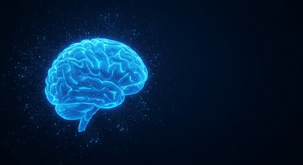 Glowing blue digital brain hologram on dark background