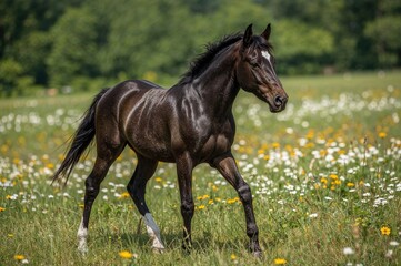 Obraz premium A dark horse strolling through a grassy meadow filled with flowers on a summer day