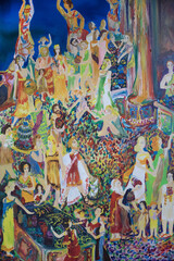 Genre painting selling and buying people life. Fine art illustration ancient Greece holiday crowd. Historical jewelry, colorful decoration.
