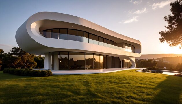 futuristic, white, curved, oval-shaped house with large windows and a green lawn in the background