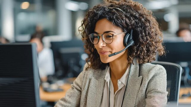 Smiling woman with headset at computer in office, wearing glasses