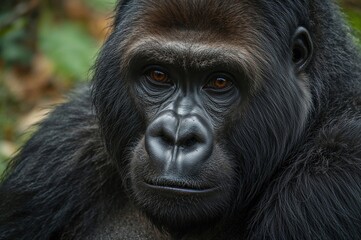 Obraz premium Close-up of a female gorilla's face with dense black fur, showcasing the largest herbivorous primate species found in forest habitats.