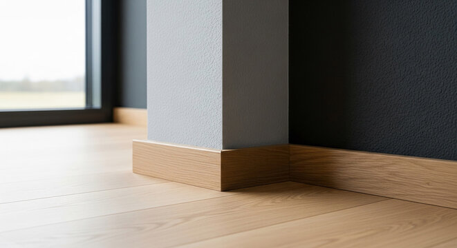 Close-up of light wood baseboard meeting gray and dark gray walls, showcasing clean lines and simple interior design, representative of modern minimalist style