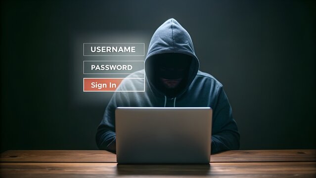 Anonymous hacker in hoodie typing on laptop with digital login screen