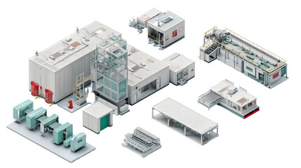 Food packaging plant layout with cold storage and packing zones top view isolated on a Transparent background, PNG file.