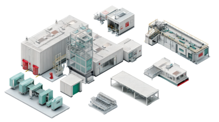 Food packaging plant layout with cold storage and packing zones top view isolated on a Transparent background, PNG file.