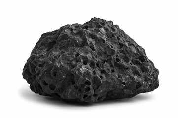 Porous dark volcanic stone set against a white backdrop. Pumice or lava rock featuring unique holes. Displayed on a white background.