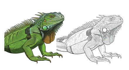 Obraz premium Green Iguana Dual Format Coloring Page with Realistic Color and Outline Version