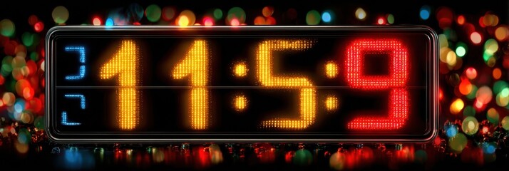 Digital Clock Displaying Time as Eleven Fifty-Nine With Colorful Bokeh Lights in the Background Creating a Celebratory Atmosphere
