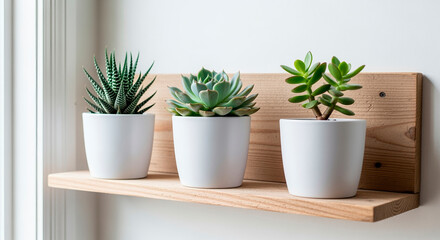 Fototapeta premium Succulent plants in white pots on wooden shelf by window, minimal decor