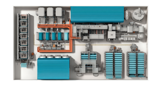 Food packaging plant layout with cold storage and packing zones top view isolated on a Transparent background, PNG file.