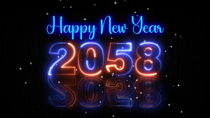 Futuristic Blue and Orange Glowing Neon Light Happy New Year 2058 Text Reveal With Floor Reflection Amid The Falling star Snow On Dark Background, Seamless Loop 4k videos 10 second