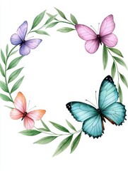 Obraz premium Watercolor colorful butterflies wreath isolated butte. Vibrant aquarelle lepidoptera garland detached mesa chromatic insect assemblage artistic fauna circle decorative wing motif