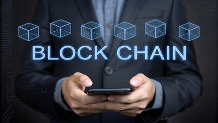 Businessman holding smartphone with blockchain technology visualization