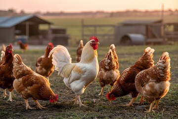 Free-Range Chickens in Farmyard at Sunset
