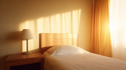 A serene hotel bedroom bathed in morning light, featuring a neatly made bed and minimalist decor.