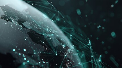 Futuristic digital globe with glowing network lines connecting continents against dark cosmic background, emphasizing global connectivity, technology, and innovation for advanced visual storytelling