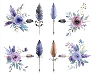 Watercolor ethnic boho set of arrows feather and flow. Aquarelle tribal bohemian collection of shaft plume current decorative motif artistic design element ornamentation folk