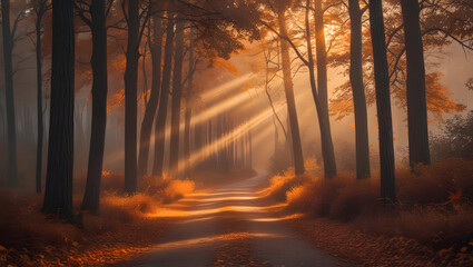 Fototapeta premium sunrise in the woods orange maple trees and autumn season