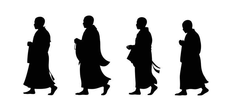 Silhouette vector of Buddhist monks walking in traditional robes | Zen monk clipart for spirituality, religion, meditation, temple, culture, peace, and Asian traditional lifestyle illustrations