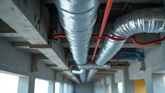 Metal insulated HVAC pipes with secure mounting and silver pipeline, red, blue water tubes indoors - conditioner, ventilation, duct, plumbing, repairing system under ceiling, industry, infrastructure 