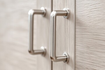 Pair of silver metal cabinet door handles on light wood cabinets. Both handle design. Front kitchen wooden cabinet door and drawers. Closeup furniture base set. Trendy interior units. Home improvement