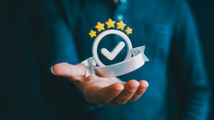 Hand holding quality assurance symbol with checkmark and stars, excellent rating concept