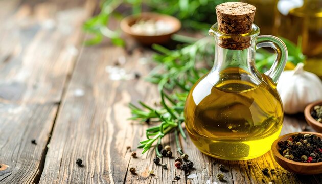 Aromatic culinary oil with herbs and spices on a rustic wood surface - Powered by Adobe