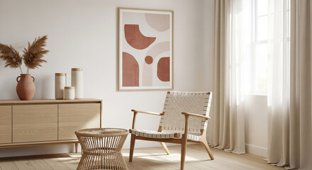 Light wood furniture, beige chair, abstract art, pampas grass in terracotta vase showcase a minimalist, calm interior design concept