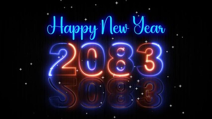 Futuristic Blue and Orange Glowing Neon Light Happy New Year 2083 Text Reveal With Floor Reflection Amid The Falling star Snow On Dark Background, Seamless Loop 4k videos 10 second