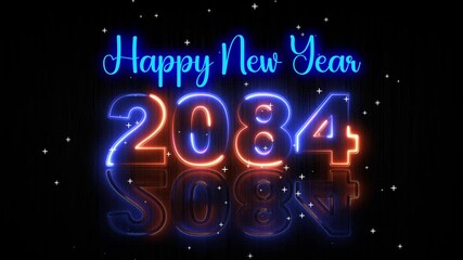 Futuristic Blue and Orange Glowing Neon Light Happy New Year 2084 Text Reveal With Floor Reflection Amid The Falling star Snow On Dark Background, Seamless Loop 4k videos 10 second