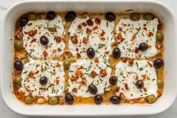 Oven-roasted feta paired with marinated black and green olives in a casserole dish