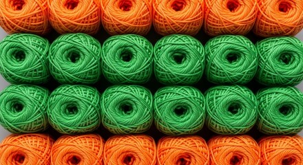 organized balls of orange and green yarn, background pattern, knitting and crafting graphic