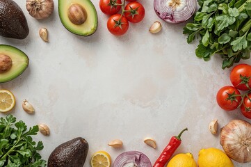 Healthy food assortment featuring avocado, tomato, onion, garlic, salad, lemon, and red pepper with room for text